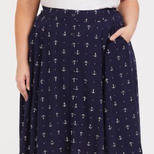 Torrid Navy Anchor Mid Skirt Size 4 (26) MIDI CHALLIS BUTTON-FRONT SKIRT
